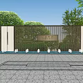 Scenic Wall With Metal Grille Plaque Green Plants Water Feature And Stone Slab Ground