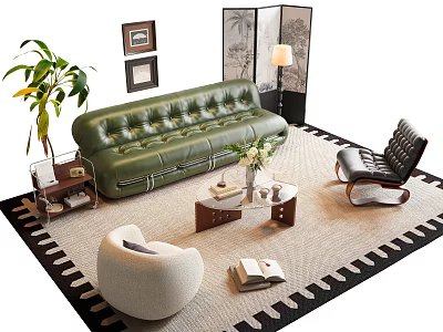 Green Leather Chesterfield Sofa and Wooden Coffee Table Set with Accent Chairs Plants and Wall Art 3d model