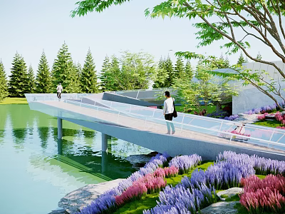 Scenic Park Landscape With Bridge Over Lake Purple Pink Flowers And Pine Trees 3d model