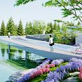 Scenic Park Landscape With Bridge Over Lake Purple Pink Flowers And Pine Trees