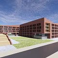 Modern Office Building With Red Brick Exterior Glass Facade And Staircase