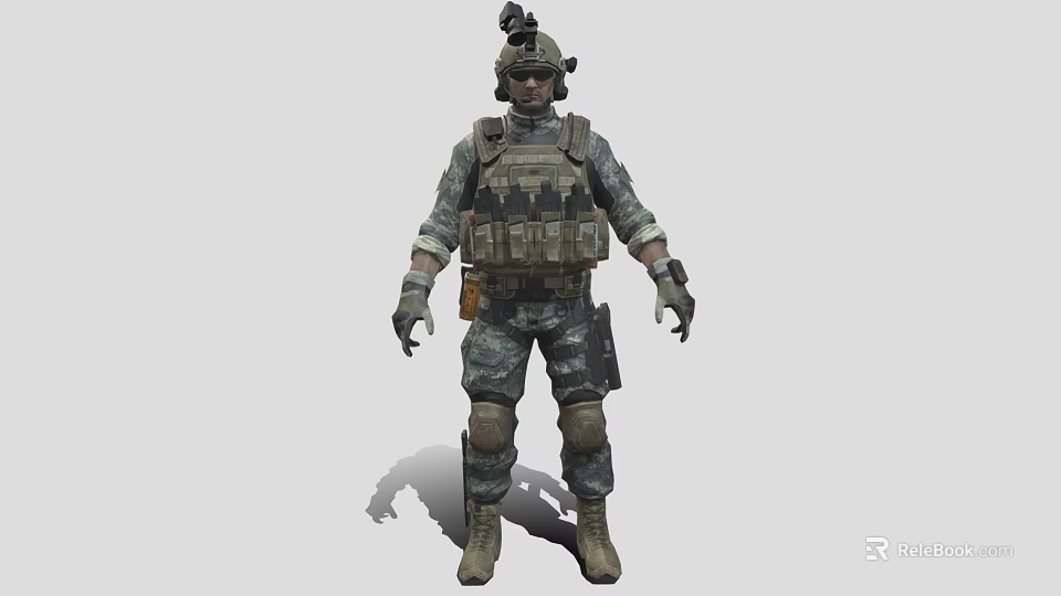 Man In Full Length View Wearing Camouflage Uniform Tactical Vest Helmet And Knee Pads 3d model 