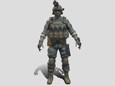Man In Full Length View Wearing Camouflage Uniform Tactical Vest Helmet And Knee Pads 3d model