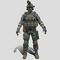 Man In Full Length View Wearing Camouflage Uniform Tactical Vest Helmet And Knee Pads