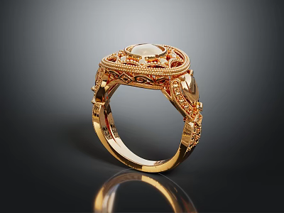 Elegant Vintage Gold Ring With Intricate Carved Details And Central Gemstone 3d model