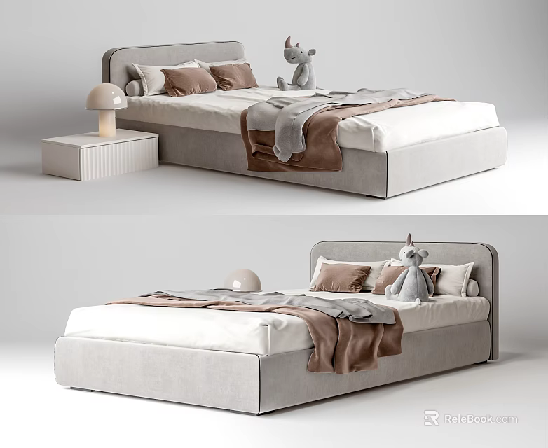 Modern Double Bed With Gray Headboard White Mattress Brown Pillows Blanket And Stuffed Toys 3d model 