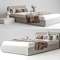 Modern Double Bed With Gray Headboard White Mattress Brown Pillows Blanket And Stuffed Toys