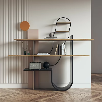 Modern Decorative Shelving Unit With Wooden Shelves Metal Frame And Books On Tiers 3d model