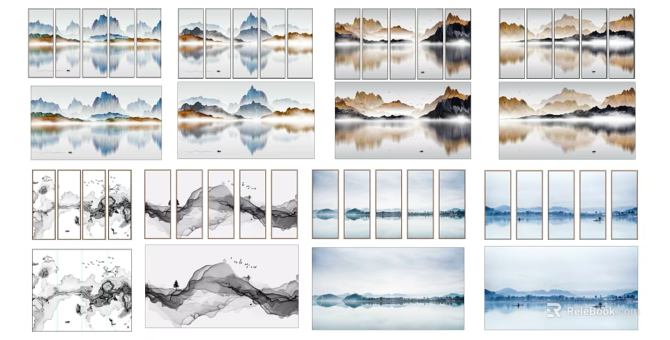 Chinese Style Ink Landscape Paintings With Multi Panel Mountain Water Reflection Soft Tones 3d model