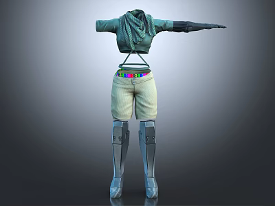 Fashionable Outfit Featuring Green Scarf Light Colored Shorts Colorful Belt And Silver Leg Guards 3d model