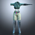 Fashionable Outfit Featuring Green Scarf Light Colored Shorts Colorful Belt And Silver Leg Guards