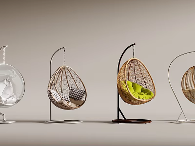 Modern Hanging Chairs In Rattan And Transparent Design With Metal Stand And Green Cushion 3d model