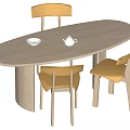 Modern Light Wood Oval Dining Table Set With Yellow Chairs And White Bowl Teapot