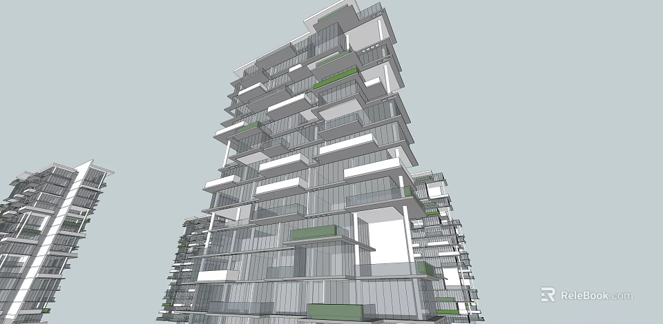 Modern High Rise Residential Building With Glass Facade And Green Balconies 3d model 