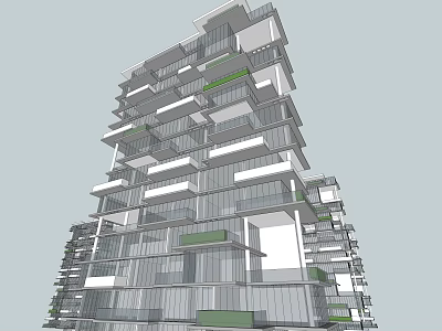 Modern High Rise Residential Building With Glass Facade And Green Balconies 3d model