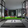 Modern Gym Interior With Red Black Fitness Machines Dumbbell Rack And Large Windows