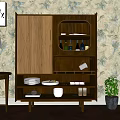 Walnut Sideboard with Geometric Doors and Glass Display and Storage Shelves in Floral Wallpaper Interior