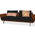 Black Upholstered Two Seater Sofa With Brown Armrests And Decorative Patterned Cushions 3d model