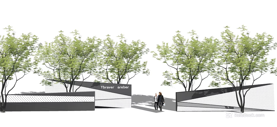 Outdoor Scenic Wall With Lush Green Trees And People Walking In Modern Design 3d model 