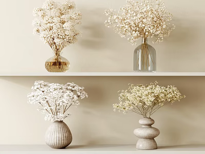 Decorative Vases With White Flowers On Shelves Various Design Styles 3d model