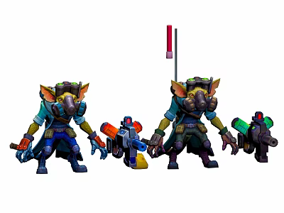 Goblin Like Characters And Creatures Featuring Yellow Ears Goggles Cloaks And Colored Weapons 3d model