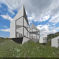 Modern Boutique Villa With Geometric Design Large Glass Windows Set On Hillside With Wildflower Meadow