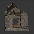 Old Stone Architectural Components Featuring Wooden Beams Dilapidated Roof And Internal Support Structures 3d model