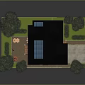 Two Story Detached House With Black Roof Skylights Orange Fence Green Lawn And Trees