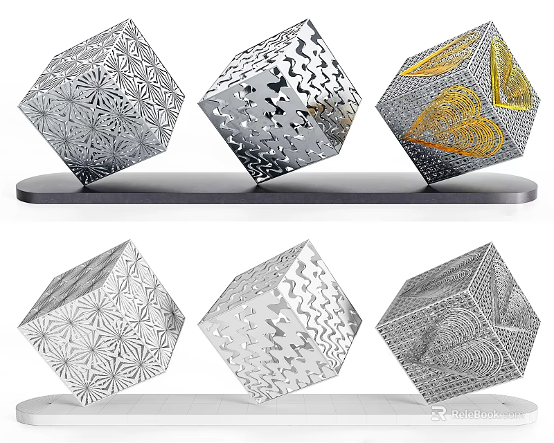 Cube Shaped Landscape Sculptures With Intricate Metallic Patterns Silver Finish And Gold Accents 3d model 
