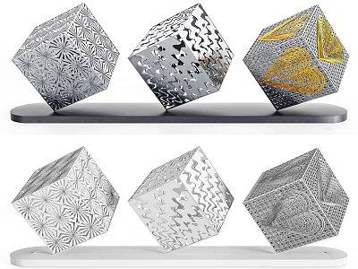 Cube Shaped Landscape Sculptures With Intricate Metallic Patterns Silver Finish And Gold Accents 3d model
