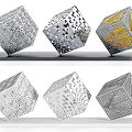 Cube Shaped Landscape Sculptures With Intricate Metallic Patterns Silver Finish And Gold Accents