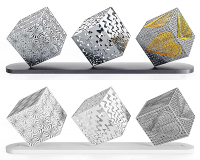 Cube Shaped Landscape Sculptures With Intricate Metallic Patterns Silver Finish And Gold Accents 3d model