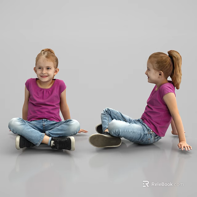 Two Young Girls Sitting On Gray Floor Wearing Pink Shirts And Blue Jeans 3d model 