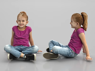Two Young Girls Sitting On Gray Floor Wearing Pink Shirts And Blue Jeans 3d model