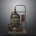 Vintage Distillation Apparatus With Metal Container Copper Coil Brick Base And Small Metal Can