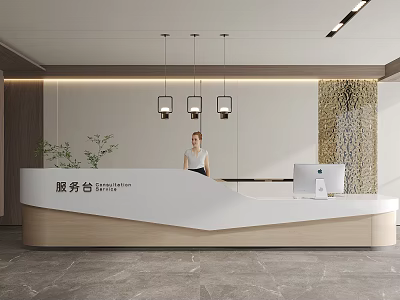 Modern Reception Desk With White Wooden Design Green Plant Hanging Lamps Textured Wall And Computer 3d model