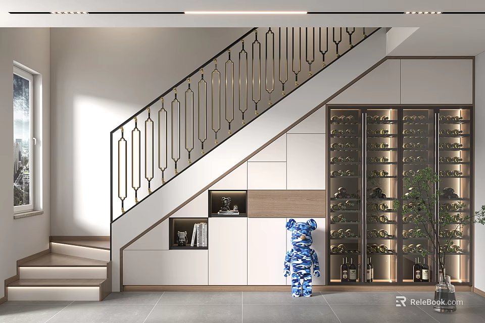 Modern Interior With Staircase Railing Wine Cabinet And Blue Bear Figure 3d model