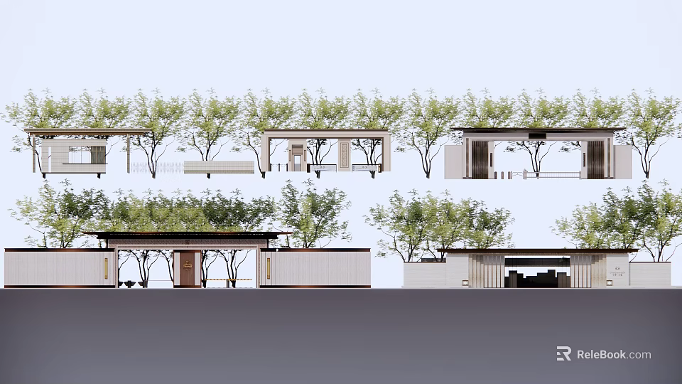 Modern Entrance Gate Design With Surrounding Trees And Minimalist Structure 3d model