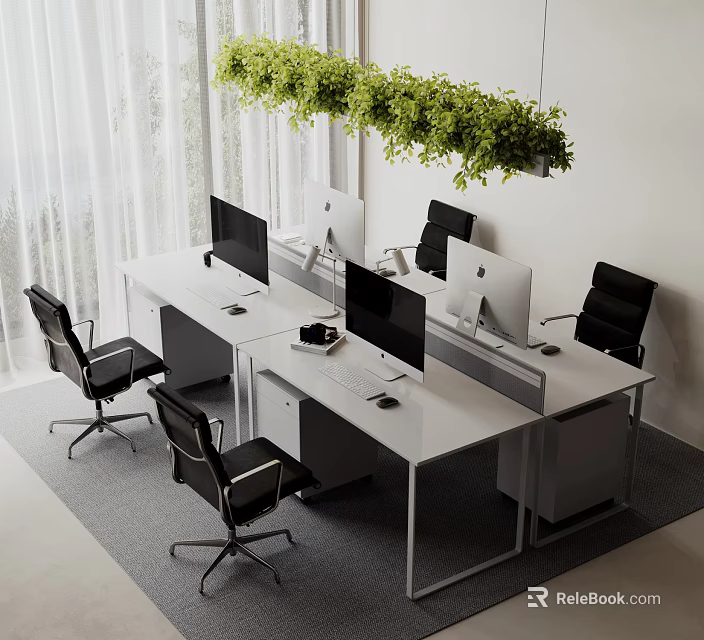 Modern White Office Desk Setup With Monitors Black Office Chairs Hanging Green Plants In Workspace 3d model 