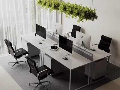 Modern White Office Desk Setup With Monitors Black Office Chairs Hanging Green Plants In Workspace 3d model