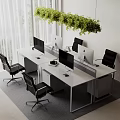 Modern White Office Desk Setup With Monitors Black Office Chairs Hanging Green Plants In Workspace