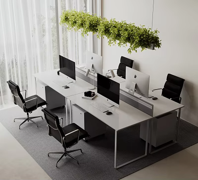 Modern White Office Desk Setup With Monitors Black Office Chairs Hanging Green Plants In Workspace 3d model