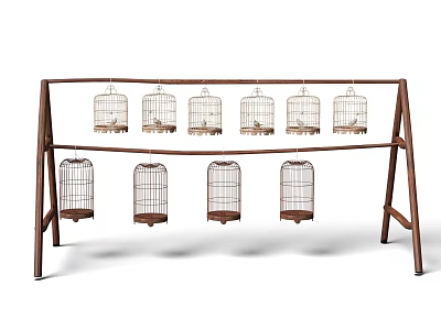 Elegant Decorative Birdcages Arranged On Wooden Stand With Multiple Layers 3d model
