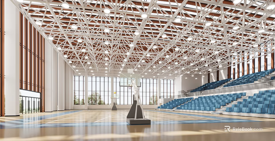 Indoor Basketball Court With Steel Truss Lighting And Seating 3d model 