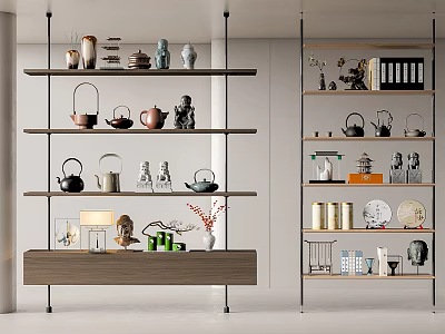 New Chinese-style Ornaments Combination Bookshelf Bookcase Teapot 3d model