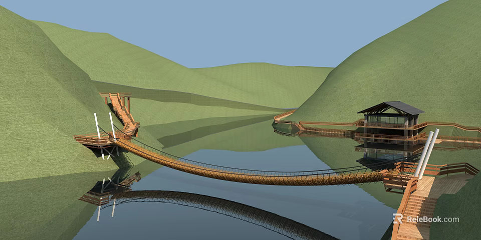 Wooden Curved Bridge Over Lake With Green Hills Reflection And Nearby Pavilion 3d model 