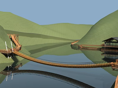 Wooden Curved Bridge Over Lake With Green Hills Reflection And Nearby Pavilion 3d model