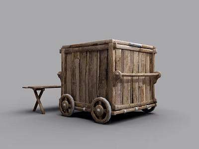 Vintage Wooden Cart With Spoked Wheels And Small Side Table Design 3d model