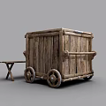 Vintage Wooden Cart With Spoked Wheels And Small Side Table Design