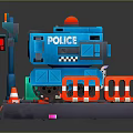 Blue Police Tank Like Car with Traffic Signs Cones and Road Platform